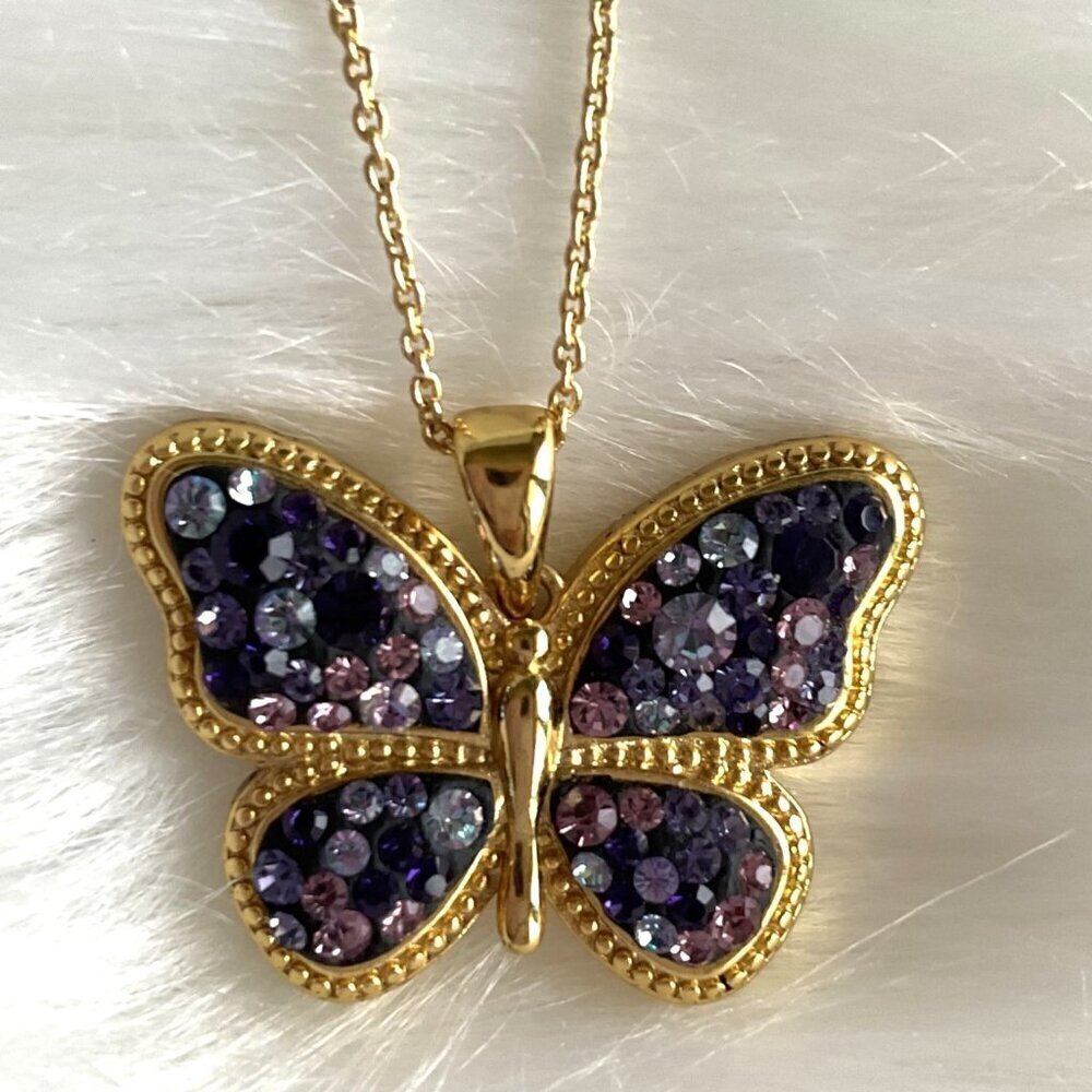 Vintage JCM Brass Butterfly Pendant Necklace - Purple & Pink Ombre Crystals (18"
